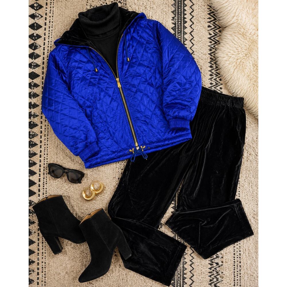 Vintage FUDA International Silk Quilted Jacket Velvet Pant Set Ski Lodge Style M